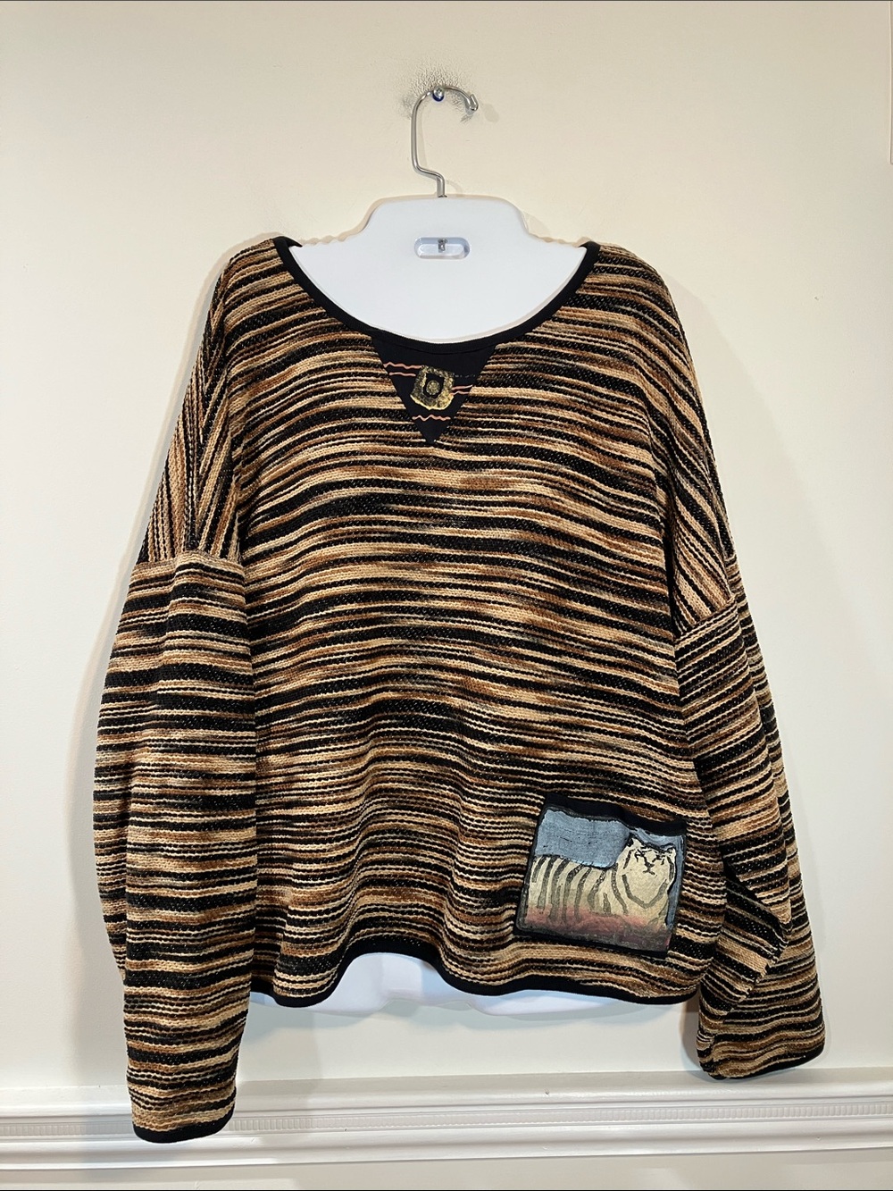 Vintage Odile Striped Oversized Chenille woven Sweater with Tiger Patch XL